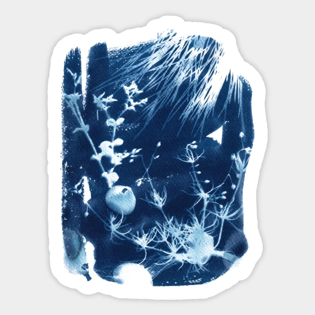 Cyanotype sunprinted beach landscape with wildflowers and shells Sticker by kittyvdheuvel